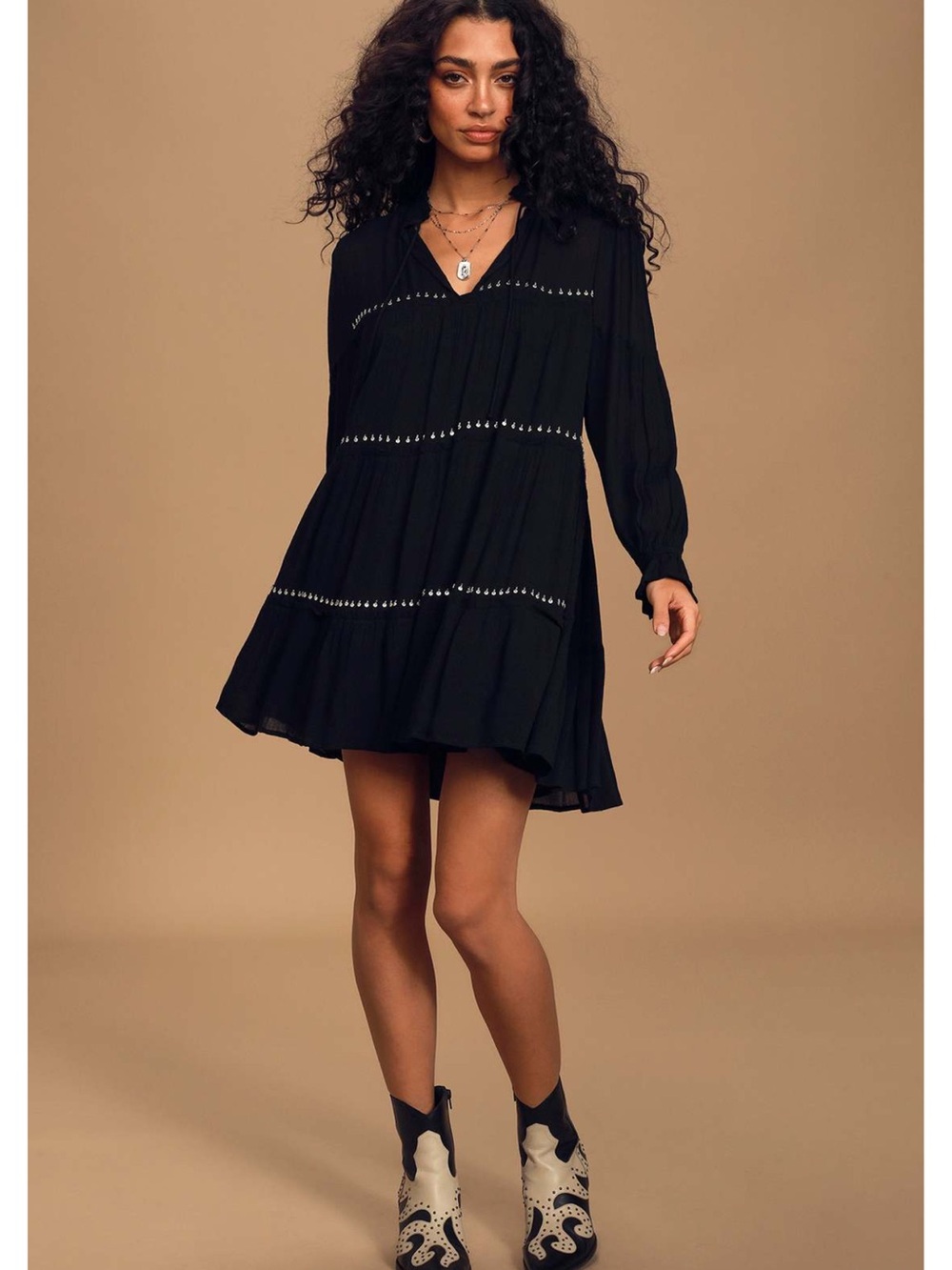 Lulus Make Some Waves Black Tiered Long Sleeve Swing Mini Dress M EUC Bohemian